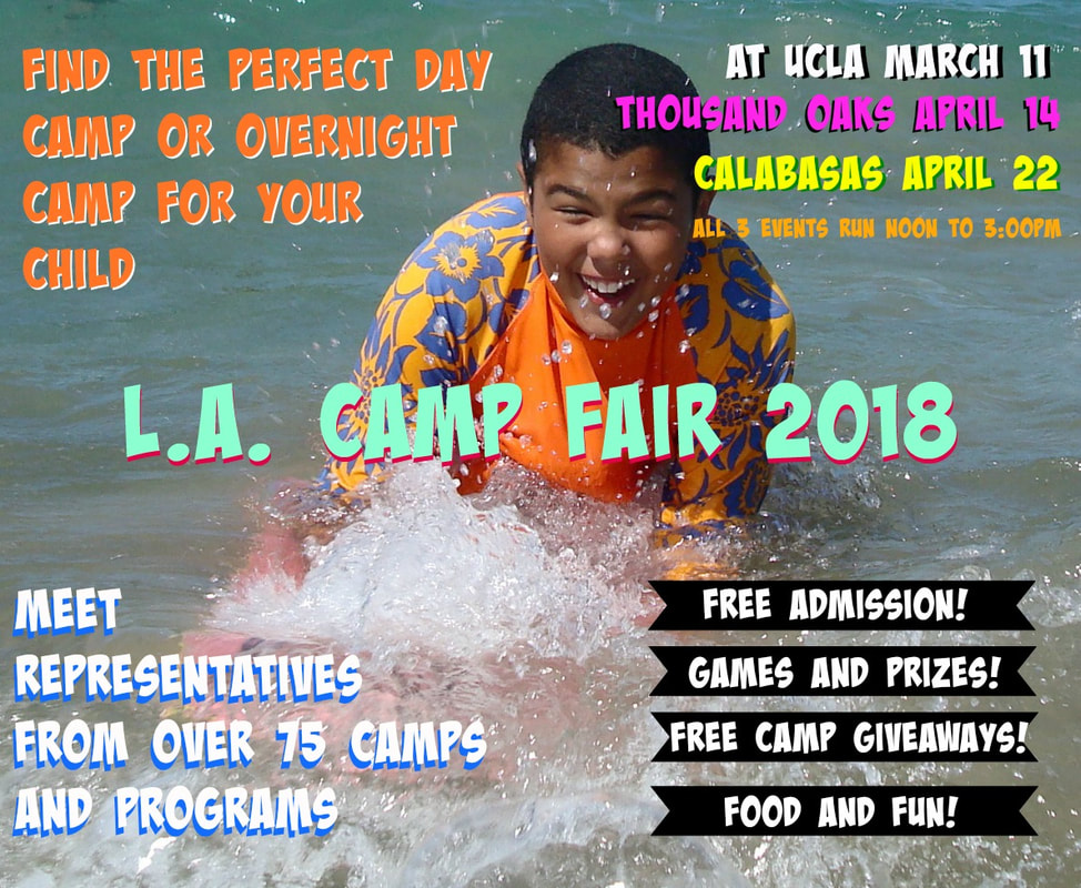 Happy teenage boogie playing on a boogie board in the lake or ocean at summer camp, surrounded by various textual information promoting L.A. Camp Fair 2018 which takes place Sunday, March 11 at UCLA, Saturday April 14 in the Conejo Valley, and Sunday, April 22 in Calabasas.