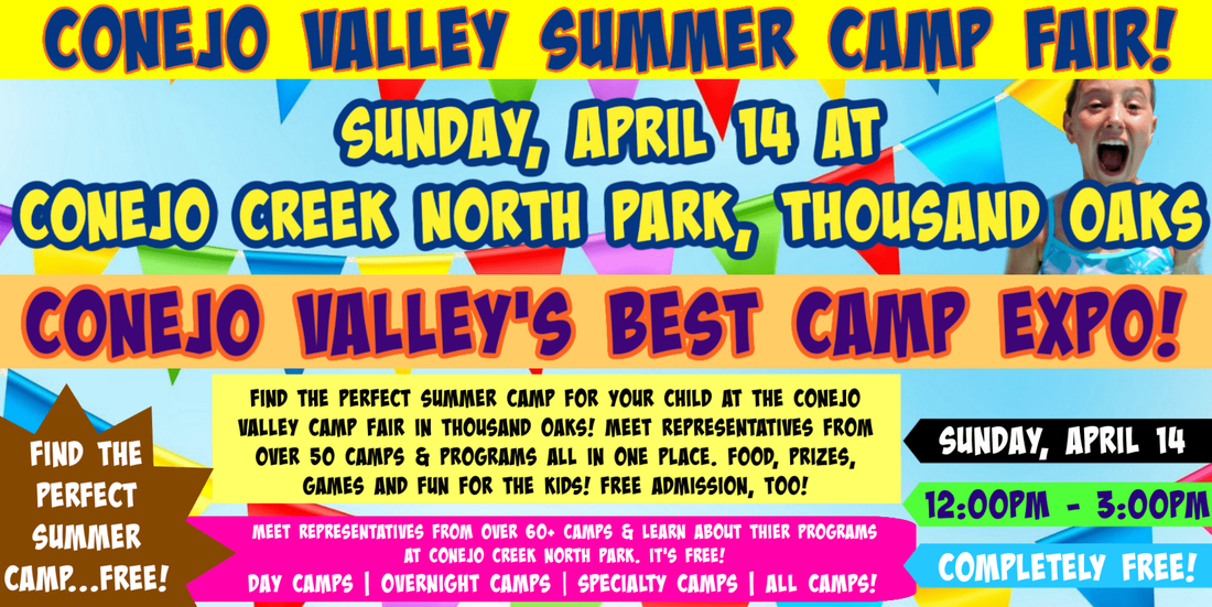 Colorful image promoting the 2024 Conejo Valley Camp Fair on April 14 in Thousand Oaks