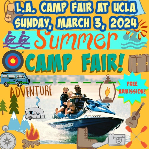 Brown and yellow picture with campers and their camp counselor jet skiing surrounded by additional summer camp graphics such as archery, canoeing, a backpack, a compass, camp buses and vans and more promoting the L.A. Camp Fair taking place at Pauley Pavilion at UCLA on Sunday, March, 3, 2024.