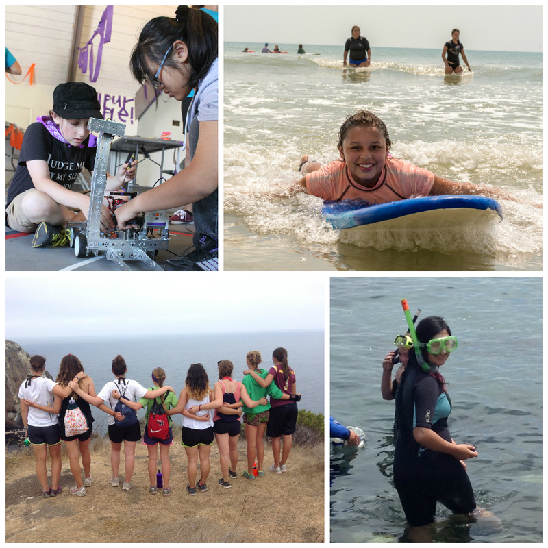 Camp Osita Rancho Girls Scouts summer camp photo showing girls participating in camp activities such as snorkeling, boogie boarding, robotics and hiking.