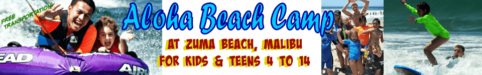 Aloha Beach Camp banner with campers and counselors tubing, surfing and playing on the beach.