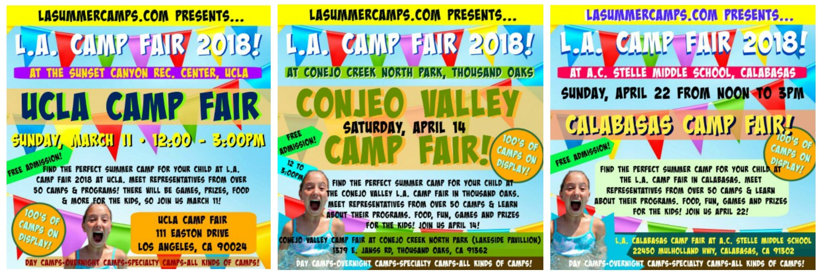 Three connected images, each promoting one of L.A. Camp Fair's event locations on Sunday, March 11 at UCLA, Saturday, April 14 in the Conejo Valley and Sunday, April 22 in Calabasas.