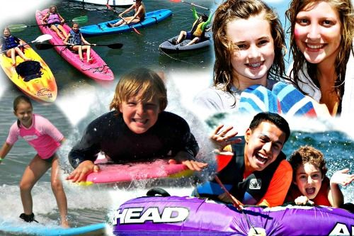 Collage of kids participating in various aquatic camp activities at Aloha Beach Camp in Los Angeles.