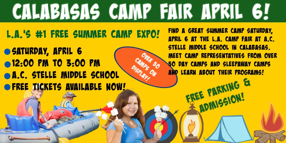Colorful promotional banner promoting L.A. Camp Fair 2023 at A.C. Stelle Middle School in Calabasas. The L.A. Camp Fair is greater L.A's largest free summer camp expo where parents and kids can meet camp representatives from more than 50 local and out of state camps and learn about their programs for the best possible summer camp experience in 2023.
