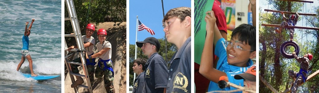 Army and Navy Summer Programs banner with campers doing lots of activities including surfing, ropes course, ladder-climbing and more.
