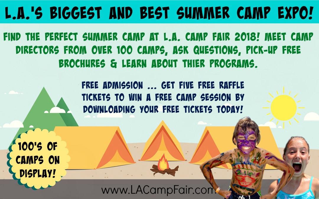Big banner type photo with a boy and girl encouraging you to attend L.A. Camp Fair 2018, where you will find over 100 camps and programs on display including many of the best summer camps and programs in the Los Angeles area.