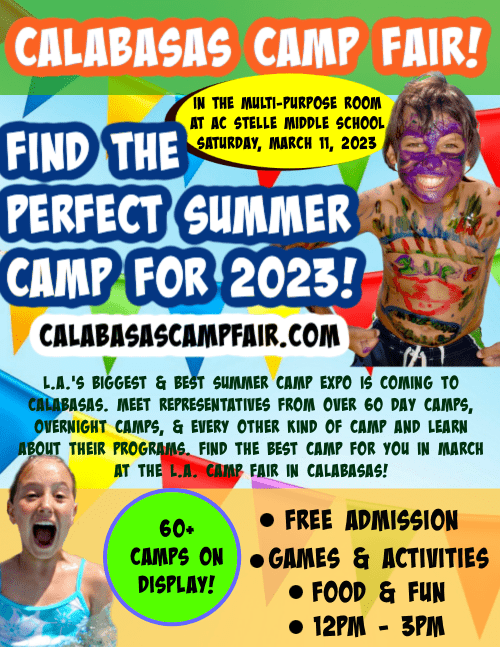 Promotional image for the Saturday, March 11, 2023 summer camp fair at AC Stelle Middle School in Calabasas.