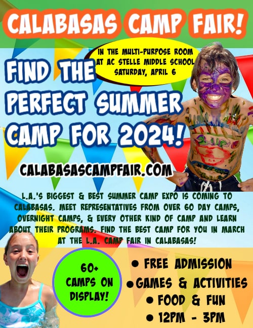 Vertical promotional flyer for the Saturday, March 12, 2023 L.A. Camp Fair at the Calabasas Camp Fair at AC Middle School March 12.