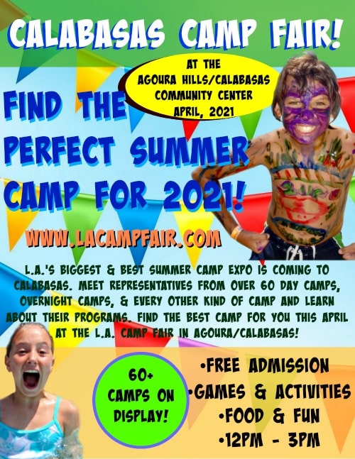 Vertical promotional flyer for the Saturday, April 4, 2020 L.A. Camp Fair at the Agoura Hills/Calabasas Community Center.