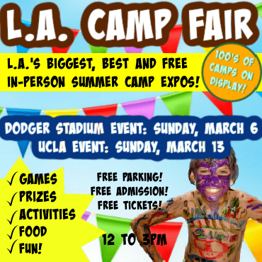 Colorful picture with flags, banners, streamers and a happy camper girl enjoying her summer camp experience while promoting L.A. Camp Fair's 2022 in-person summer camp expos at Dodger Stadium on March 6 and UCLA March 13.