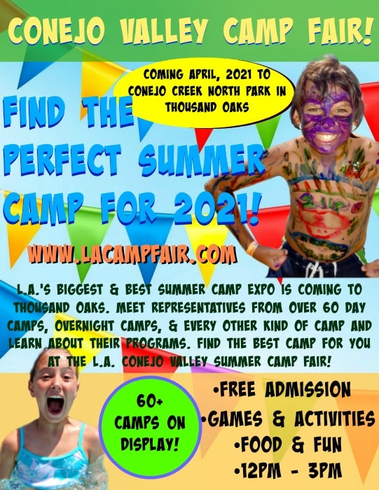 Conejo Valley Camp Fair flyer for 2021. Camp Fair takes place at Conejo Creek North Park in Thousand Oaks.
