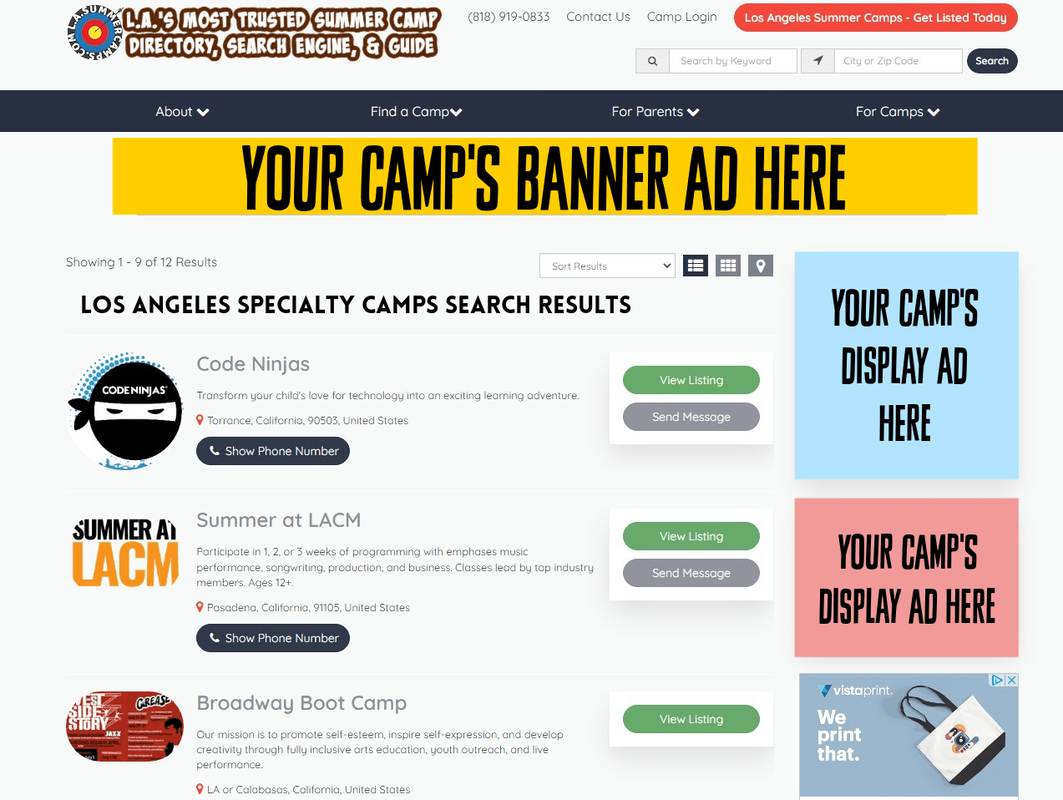 Sample los angeles summer specialty camps search results page with display ads and banner ads examples