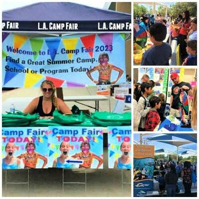 4-picture collage of kids, parents and families attending meeting camp directors at the Camp Fair booths and enjoying games and activities taking place at L.A. Camp Fair 2023