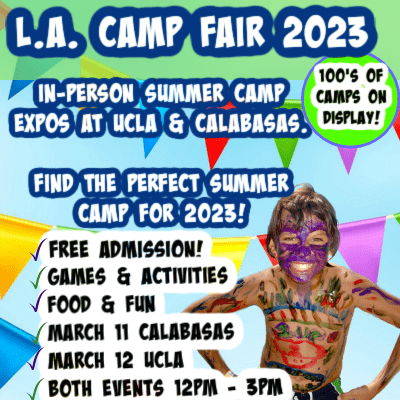 Colorful picture with flags, banners, streamers and a happy camper girl enjoying her summer camp experience while promoting L.A. Camp Fair's 2023 in-person summer camp expos at UCLA and Calabasas
