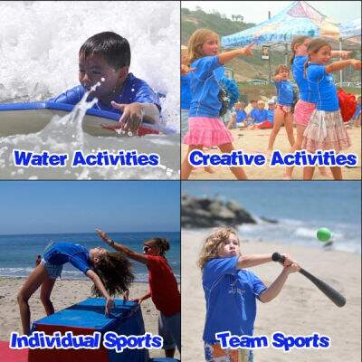 Collage of campers and staff doing different camp activities from boogie boarding to dance to baseball to gymnastics to beach games and more at Fitness by the Sea Beach Camp in the Pacific Palisades. 