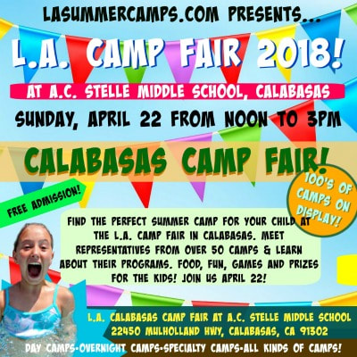 Colorful picture with a happy campers popping out of a swimming pool at summer camp and advertising the Calabasas L.A. Summer Camp Fair and Expo on Sunday, April 22 at A.C. Stelle Middle School in Calabasas.