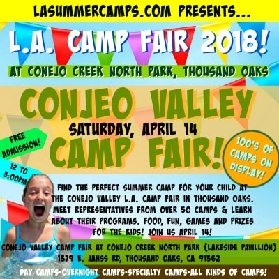 Square colorful image promoting the L.A. Camp Fair at Conejo Creek North Park Saturday, April 14, 2018 from noon to 3pm.