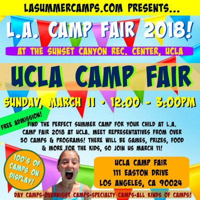 Square image promoting L.A. Camp Fair 2018 at UCLA on Sunday, March 11 from 12pm to 3pm.