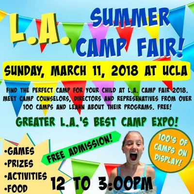 400 x 400px colorful picture highlighting L.A. Camp Fair 2018's March 11, 2018 summer camp expo at UCLA from 12pm to 3pm.