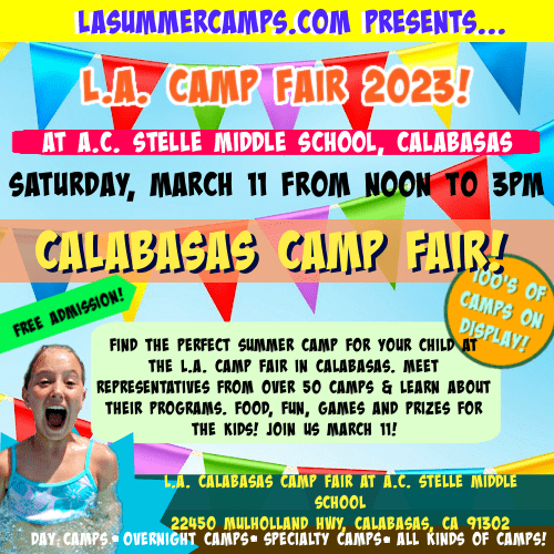 Colorful image promoting the April, 2022 L.A. Camp Fair and Expo at AC Stelle Middle School in Calabasas.