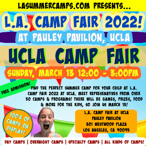 UCLA camp fair promotional photo. The L.A. Camp Fair at UCLA takes place Sunday, March 13, 2022 inside Pauley Pavilion at UCLA