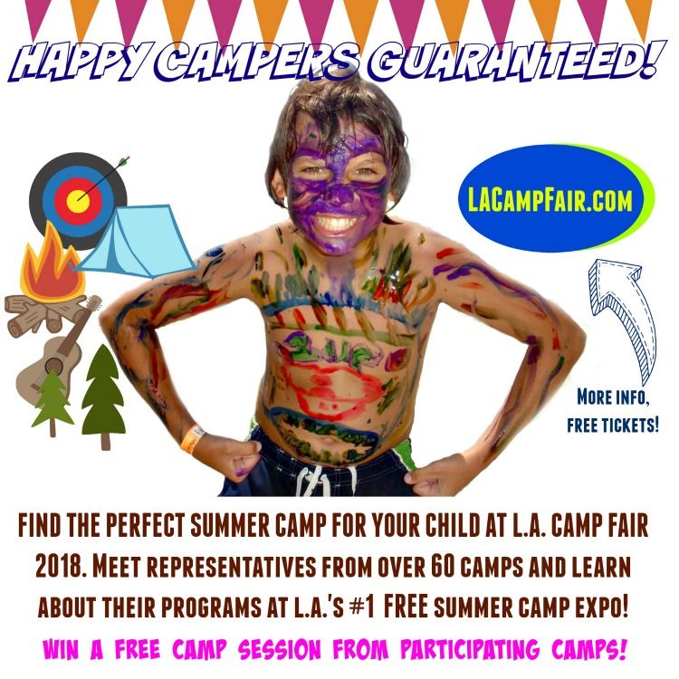 Boy covered in colorful body paint encouraging families to RSVP for free tickets to the L.A. Camp Fair and get five free raffle tickets to win a free camp session when they do.