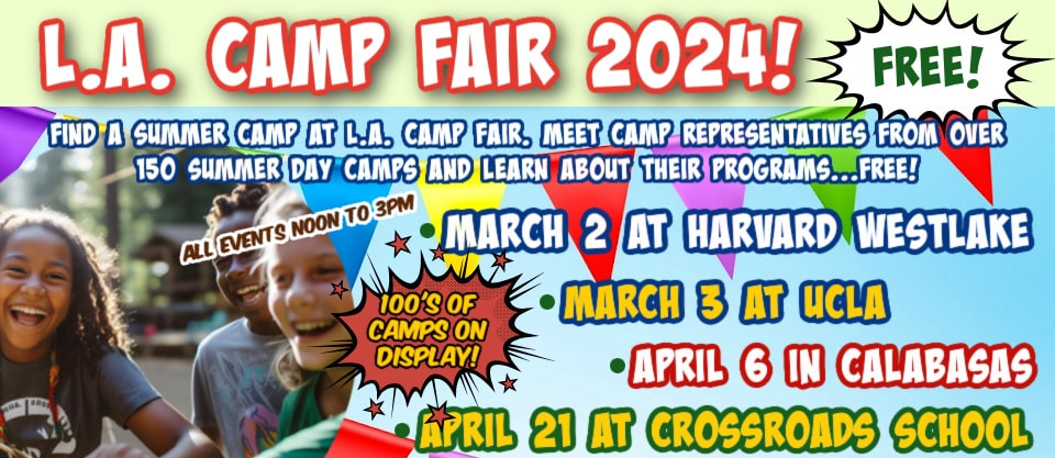 Large colorful banner promoting L.A. Camp Fair 2023 and its two in-person summer camp expos at UCLA and Calabasas in March 2023.
