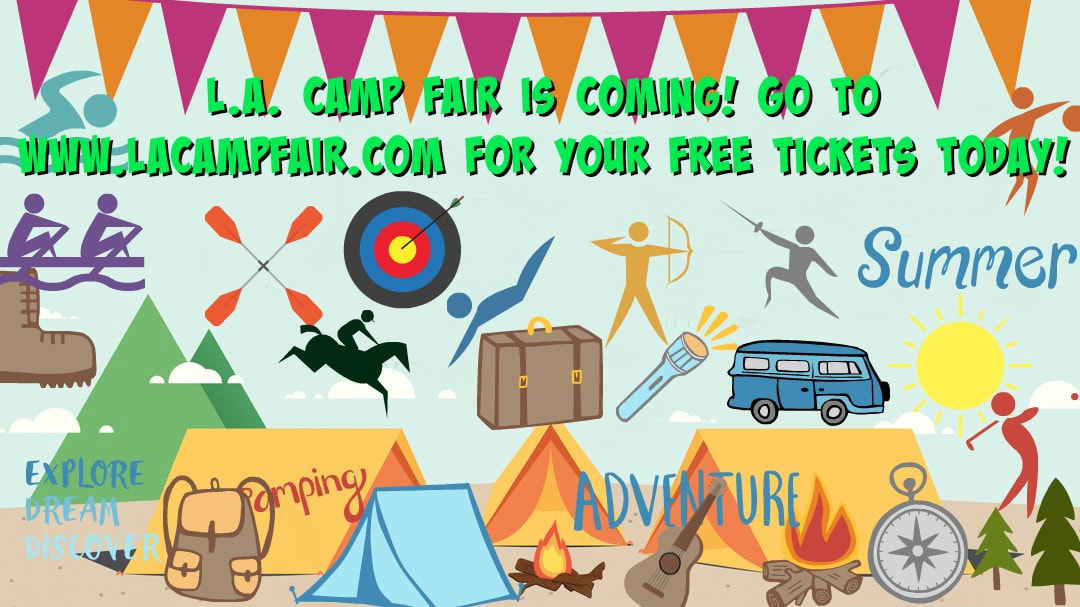 Huge colorful picture comprised of dozens of summer camp activity graphics like a tent, trees, campfire, bulls eye archery target, canoeing and many more camp activities while encouraging website visitors to attend L.A. Camp Fair 2018 where they can find the best camp for their kids.