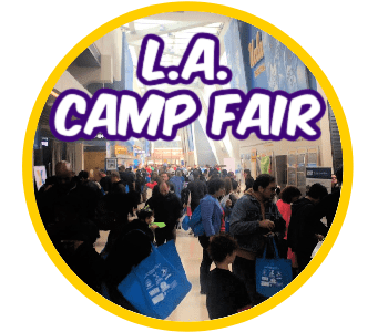 Photo of in-person L.A. Summer Camp Fair with lots of families attending all the different camp vendor booths to find out about camp opportunities for their kids.