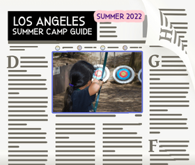 Newspaper article featuring lasummercamps.com L.A. Summer Camp Guide with associate picture of a female camper doing archery activities at camp.
