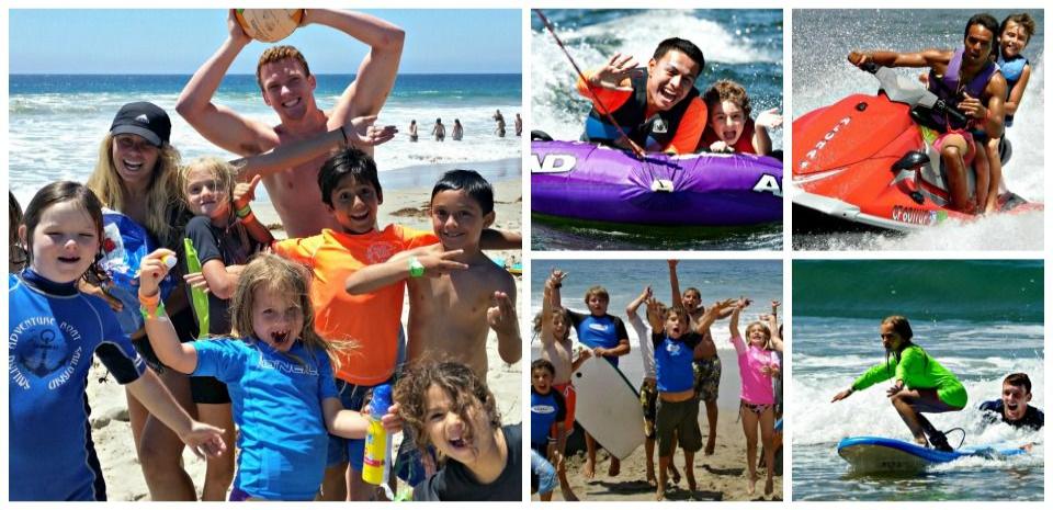 5 picture collage of Aloha Beach Camp's summer activities including surifng, Picture