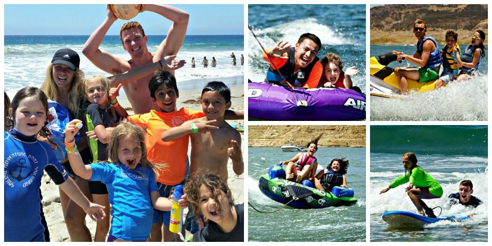 Collage of many Aloha Beach Camp summer camp activities including surfing, sand games, jet skiing and tubing.