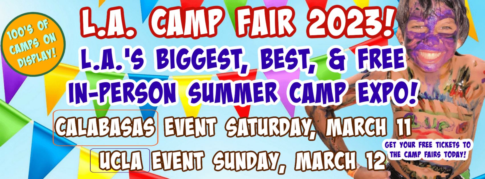 Large colorful banner promoting L.A. Camp Fair 2023 and its two in-person summer camp expos at UCLA and Calabasas in March 2023.