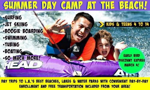Campers and counselors tubing at Castaic Lake and playing on the beach and water at Aloha Beach Camp Summer Day Camp in Malibu, CA.