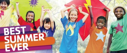 YMCA Summer camp logo with 5 campers holding kites