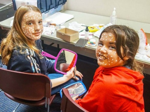 Two female campers ar Performing Arts Workshop in Studio City in their make-up rooms.