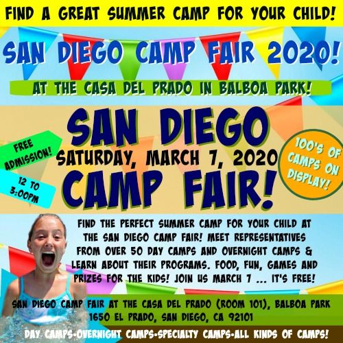 Square picture with a happy camper and other colorful images and text promoting the Feb. 23 summer camp fair in San Diego..