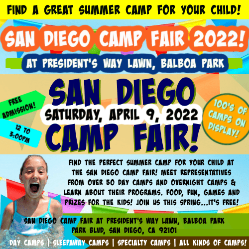  Square, festive image with picture of a happy camper promoting the April 9, 2022 San Diego Camp Fair at Balboa Park.