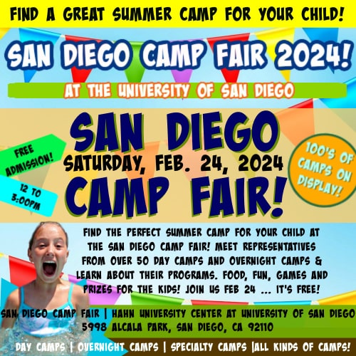  Square, festive image with picture of a happy camper promoting the Sat., Feb 24 San Diego Camp Fair at the University of San Diego.