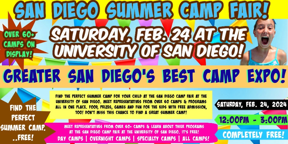 Colorful retangular banner image promoting the Sat., Feb 24 San Diego Summer Camp Fair and Expo at the University of San Diego.