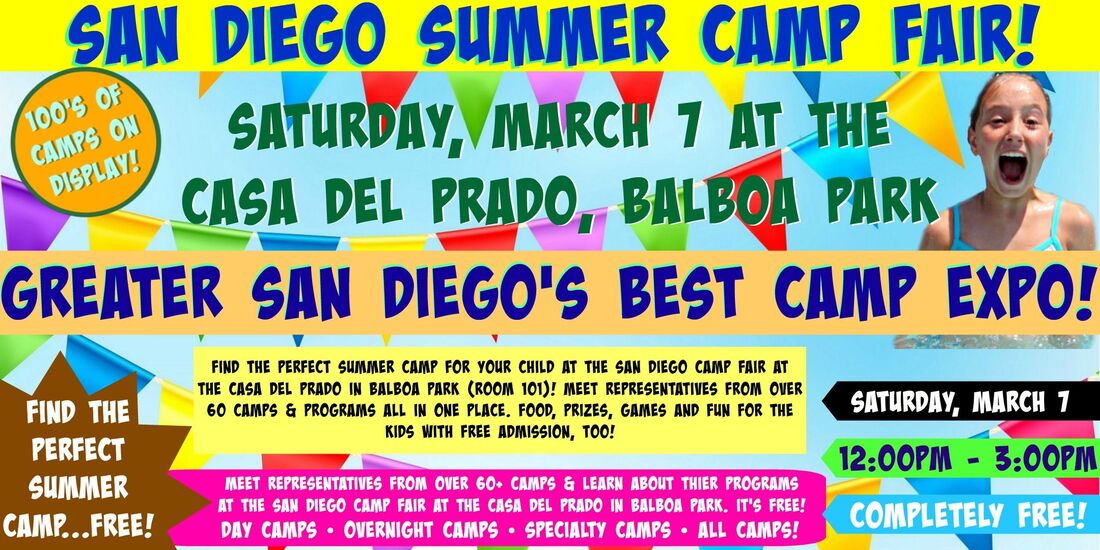 Colorful banner-sized promotinal image advertising the Feb. 23, 2019 San Diego Camp Fair at Balboa Park.