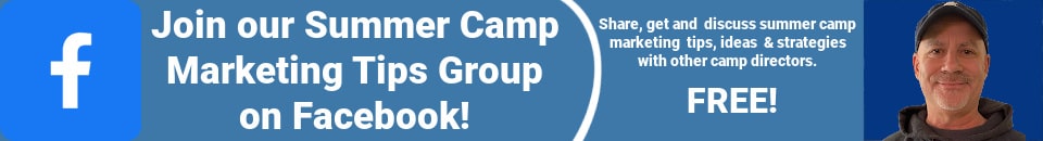 Promotional banner for the Summer Camp Marketing Tips Group on Facebook, including group admin Eric Naftulin 