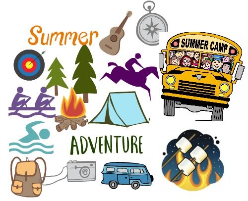 Collection of various summer camp icons including an L.A. summer camp bus, tent, trees, archery bulls eye target, and s'mores, and more showing all the various opportunities for kids who chose a summer camp in L.A. this year.
