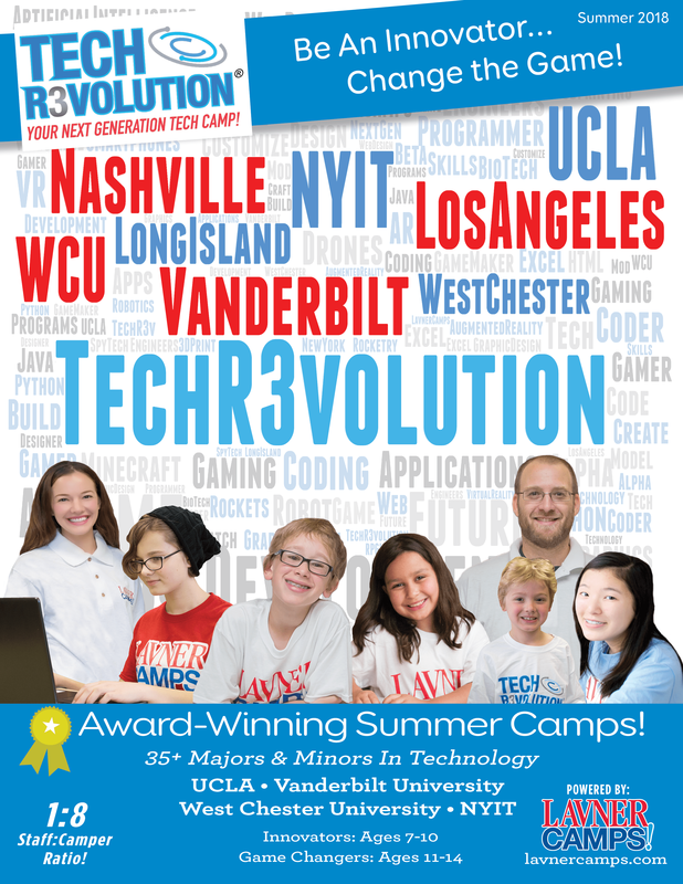 Red, white and blue poster-style promotional flyer with 6 campers and their counselor promoting Tech Revolution Summer Camp at UCLA