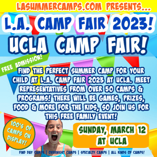 Photo with boy in colorful body paint promoting L.A. Camp Fair 2022, taking place Sunday, March 12 at UCLA.