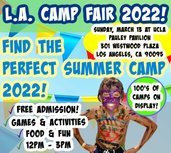 Photo with boy in colorful body paint promoting L.A. Camp Fair 2022, taking place Sunday, March 13 at UCLA.