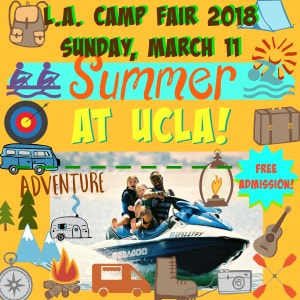 Campers and camp counselor riding a jet ski on the lake at at summer camp while highlighting the L.A. Camp Fair at UCLA on Sunday, March 11, 2018.