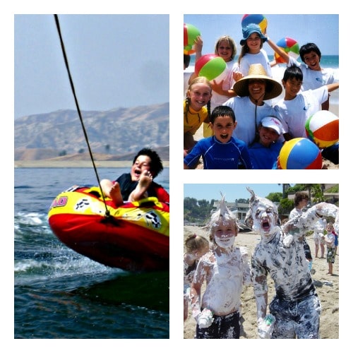 Three-picture collage of campers from Woodland Hills tubing, playing with shaving cream, and playing with beach balls at Aloha Beach Camp.